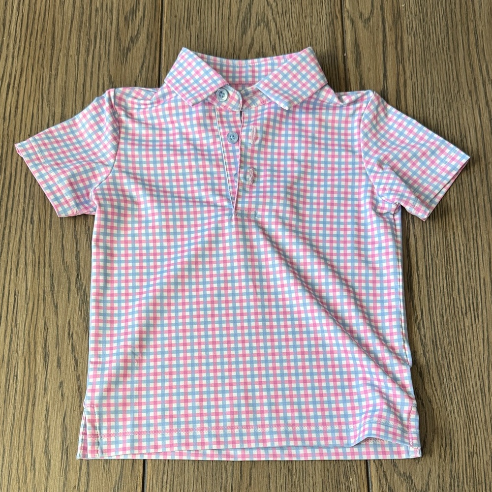 **WORN ONCE** Poppy Kids Co Boys Pink & Blue Check Polo - Picture 4 of 4